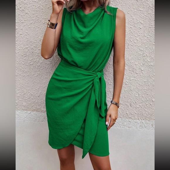 Luxe black draped neck knot side sleeveless mini dress - Picture 15 of 15